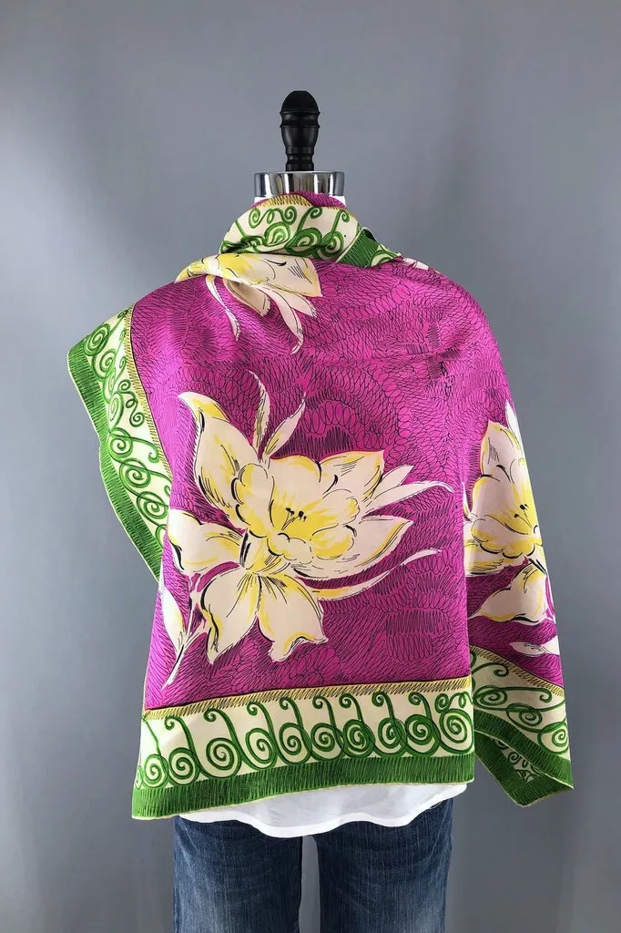 Vintage 1940s Magenta Daffodil Floral Print Silk Scarf
