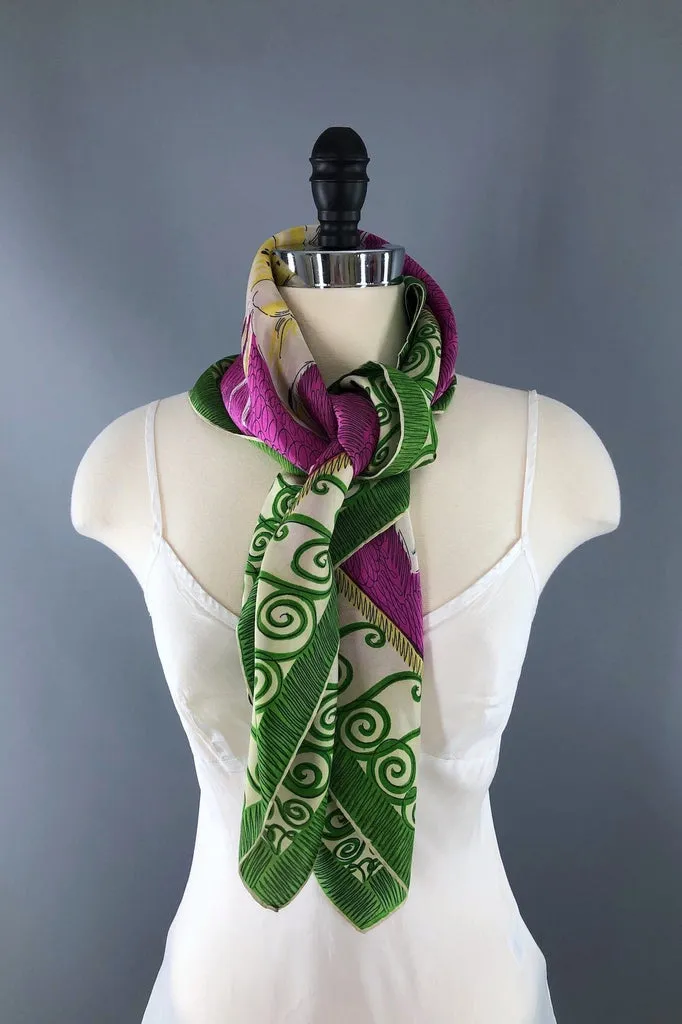 Vintage 1940s Magenta Daffodil Floral Print Silk Scarf