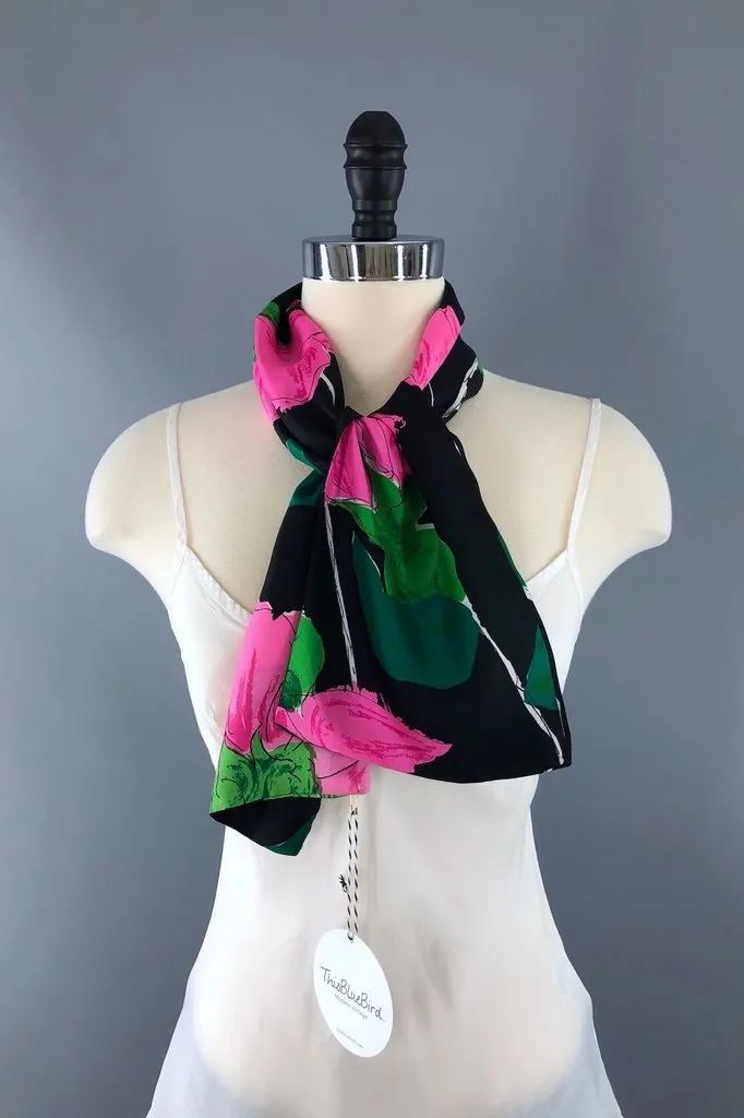 Vintage Black and Pink Floral Print Scarf