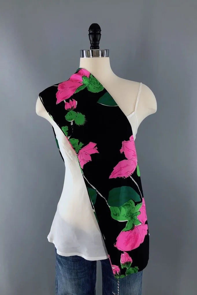 Vintage Black and Pink Floral Print Scarf