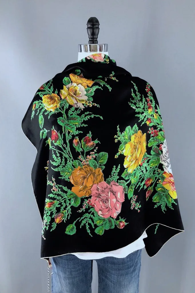 Vintage Black Roses Floral Print Silk Scarf