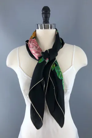 Vintage Black Roses Floral Print Silk Scarf