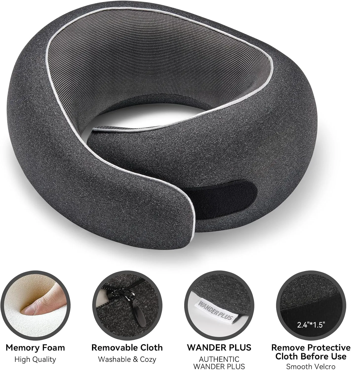 WANDER PLUS Travel Pillow, 100% Pure Memory Foam Travel Neck Pillow Airplane Neck Support Ergonomic Design Best for Sleeping Plane Car Train Office Flight for Adults Black