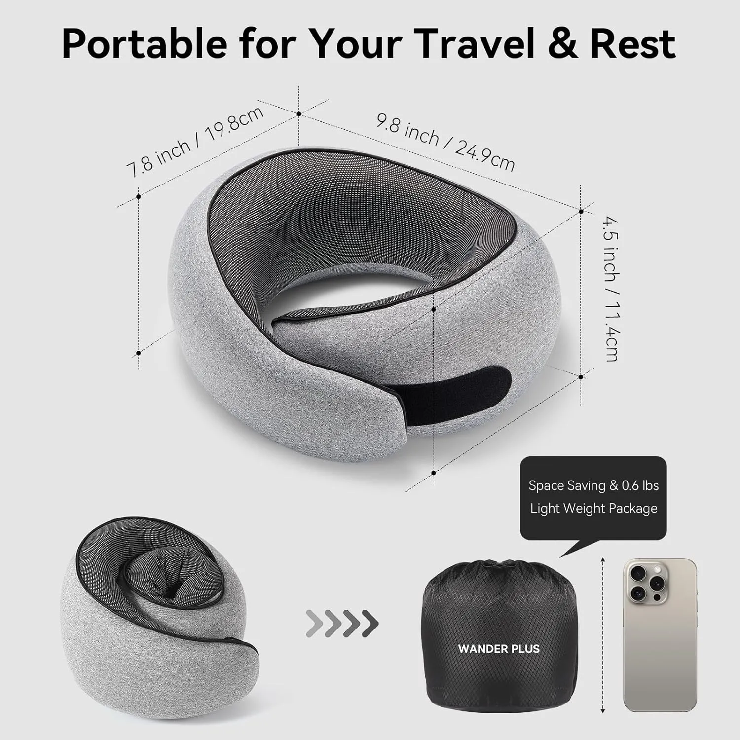 WANDER PLUS Travel Pillow, 100% Pure Memory Foam Travel Neck Pillow Airplane Neck Support Ergonomic Design Best for Sleeping Plane Car Train Office Flight for Adults Black