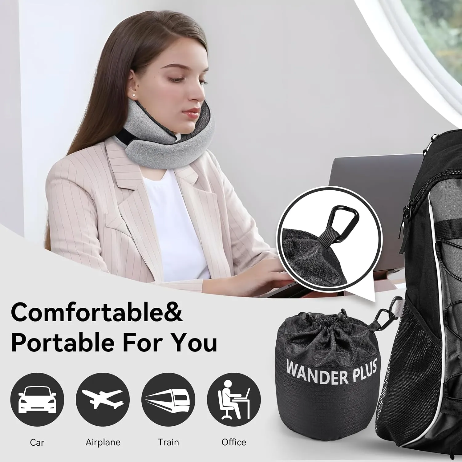 WANDER PLUS Travel Pillow, 100% Pure Memory Foam Travel Neck Pillow Airplane Neck Support Ergonomic Design Best for Sleeping Plane Car Train Office Flight for Adults Black
