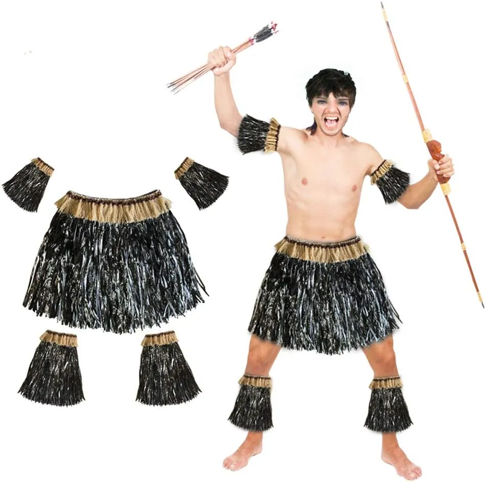 Women Men Elastic Hawaiian Party Grass Hula Skirt Stage Performances Costume Set