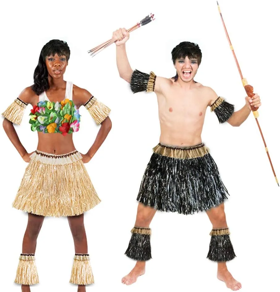Women Men Elastic Hawaiian Party Grass Hula Skirt Stage Performances Costume Set