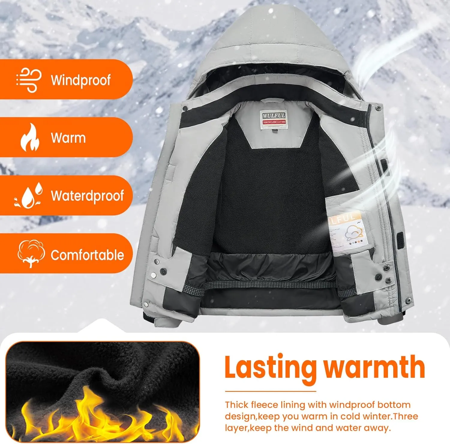 WULFUL Boy's Waterproof Ski Jacket Kids Winter Snow Coat Outdoor